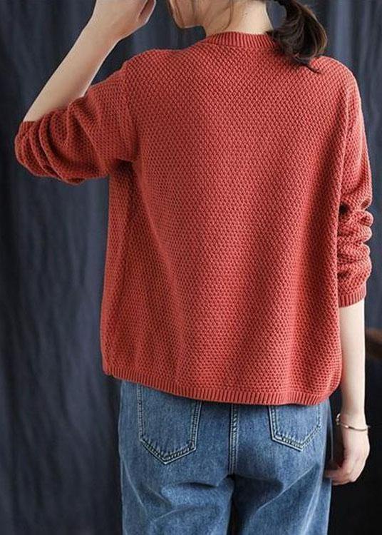 Fitted Red V Neck Button Patchwork Fall Knitted Sweaters - Omychic