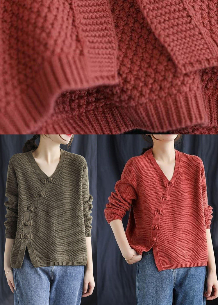 Fitted Red V Neck Button Patchwork Fall Knitted Sweaters - Omychic