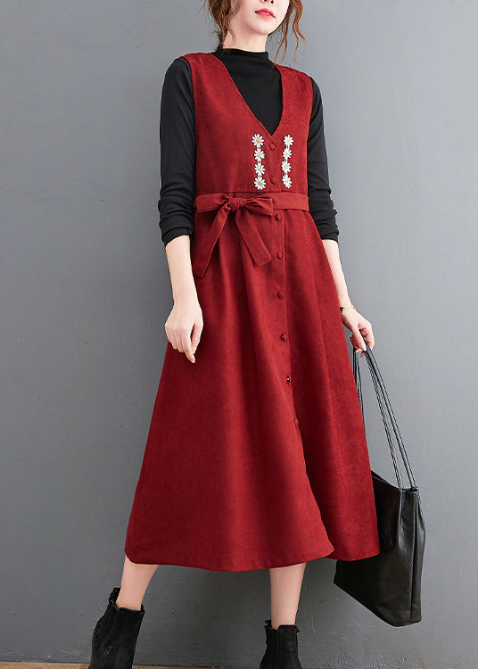 Fitted Red V Neck Embroideried Corduroy Long Dresses Sleeveless
