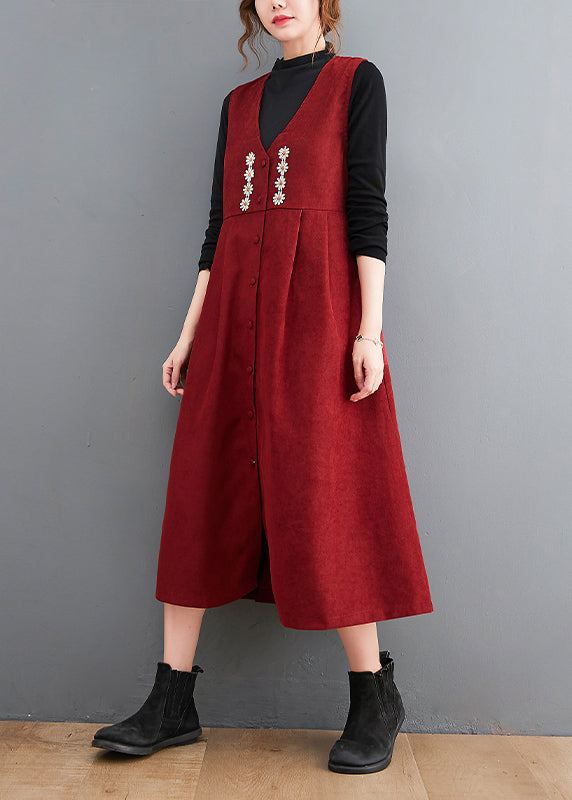 Fitted Red V Neck Embroideried Corduroy Long Dresses Sleeveless