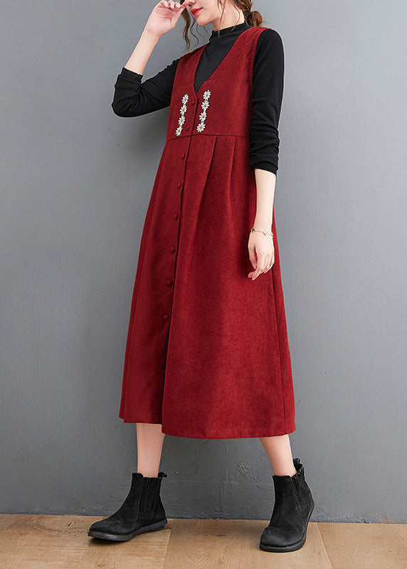 Fitted Red V Neck Embroideried Corduroy Long Dresses Sleeveless
