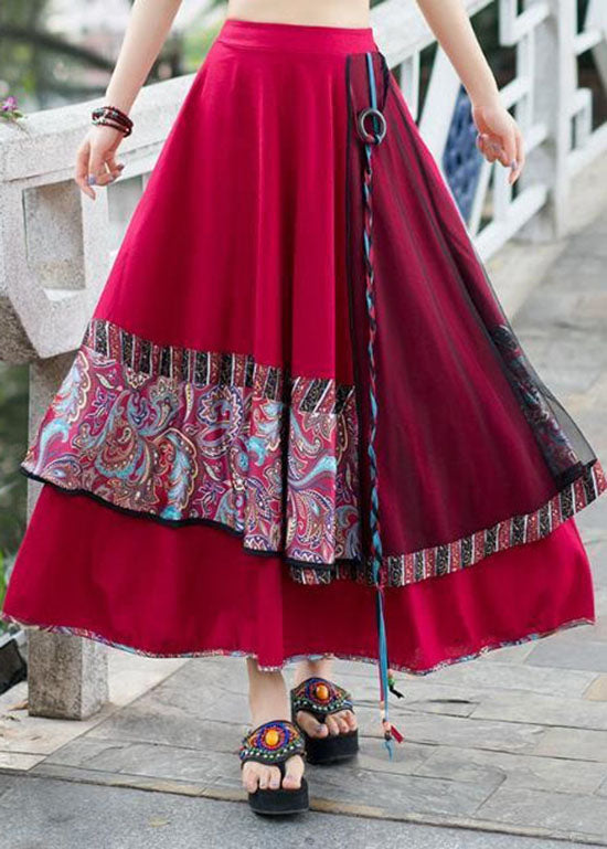Fitted Red Wrinkled Asymmetrical Patchwork Print Linen Skirts Spring