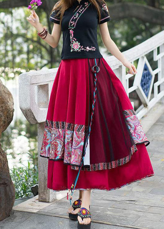 Fitted Red Wrinkled Asymmetrical Patchwork Print Linen Skirts Spring
