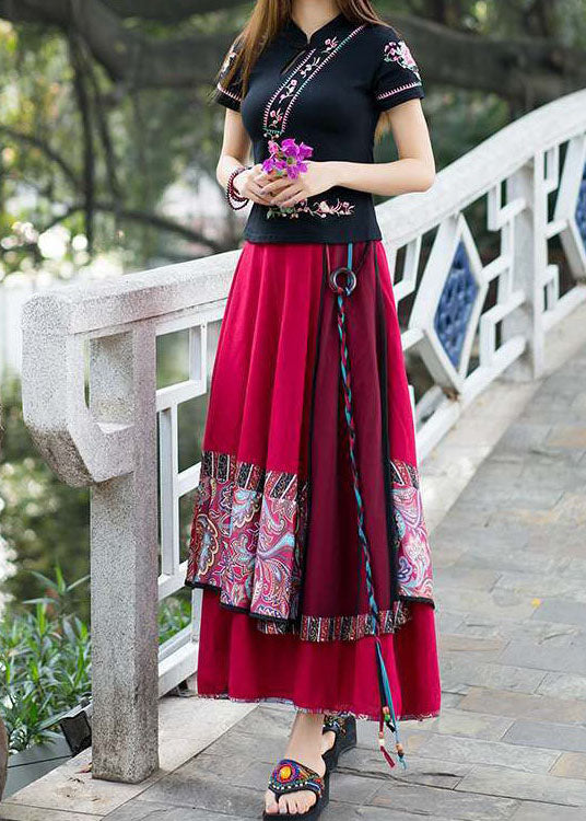 Fitted Red Wrinkled Asymmetrical Patchwork Print Linen Skirts Spring