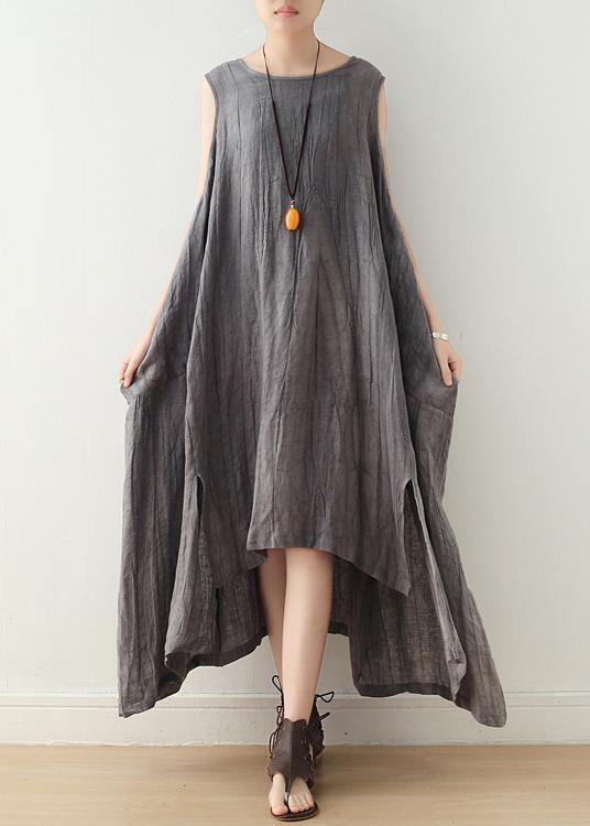 Fitted Sleeveless Linen Grey Side Open Summer Dress - Omychic