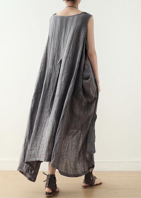 Fitted Sleeveless Linen Grey Side Open Summer Dress - Omychic