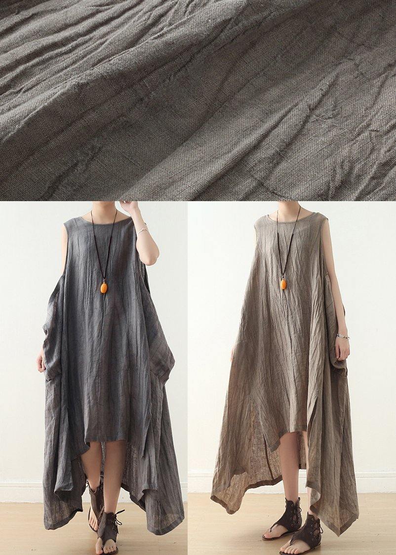 Fitted Sleeveless Linen Grey Side Open Summer Dress - Omychic