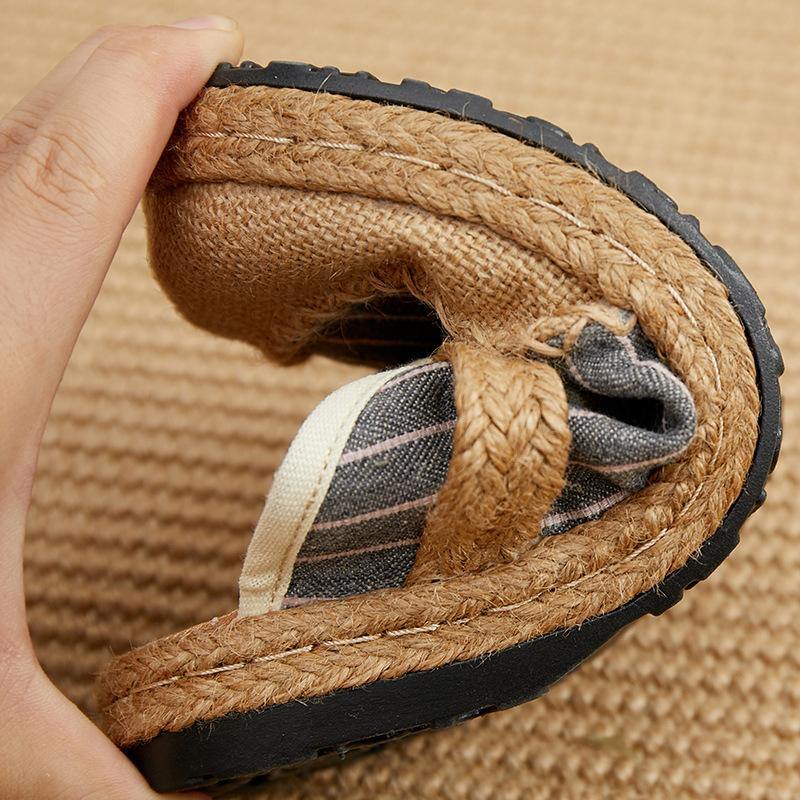 Fitted Slippers Shoes Beige Striped Cotton Linen Fabric