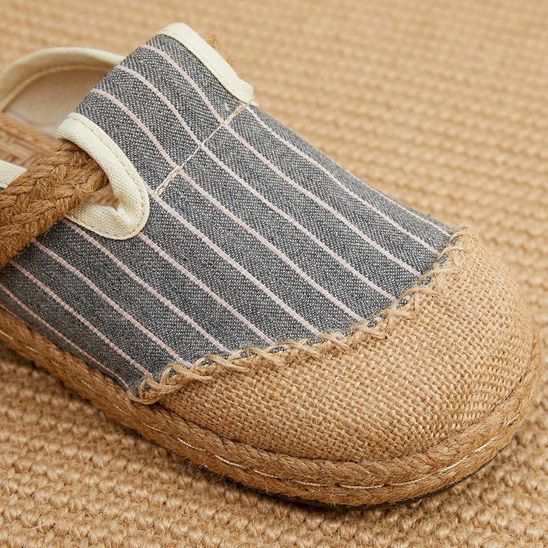 Fitted Slippers Shoes Beige Striped Cotton Linen Fabric