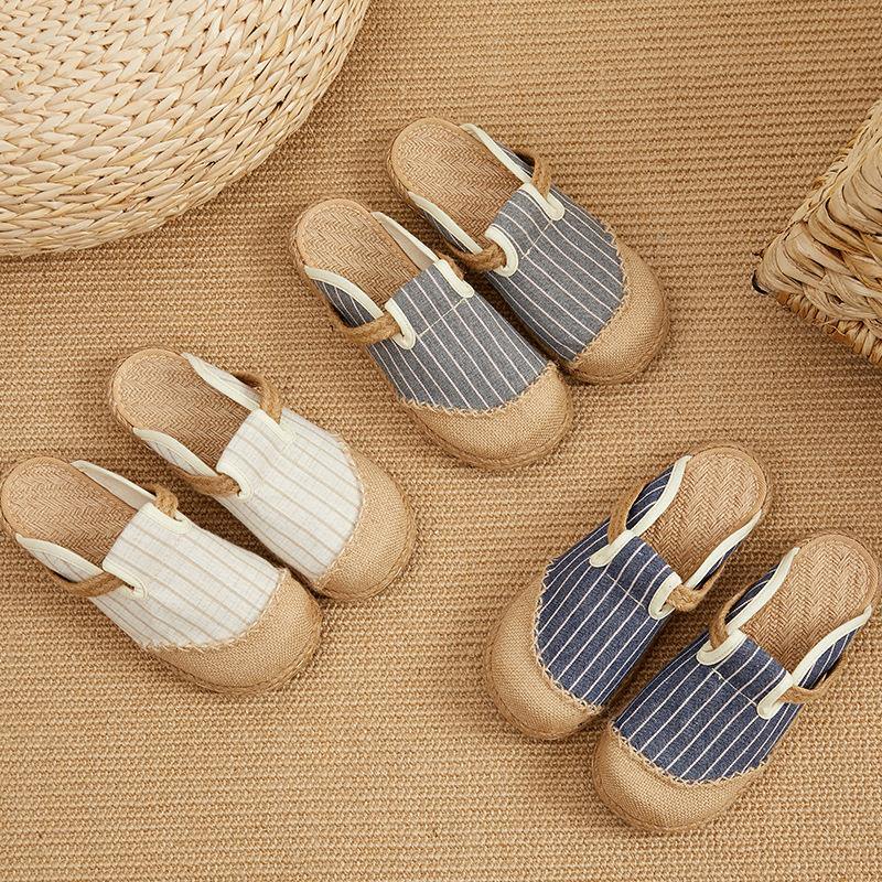 Fitted Slippers Shoes Beige Striped Cotton Linen Fabric