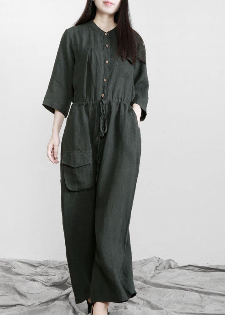 Fitted Tea Green Button Drawstring Fall Women Linen Jumpsuit Pants - Omychic