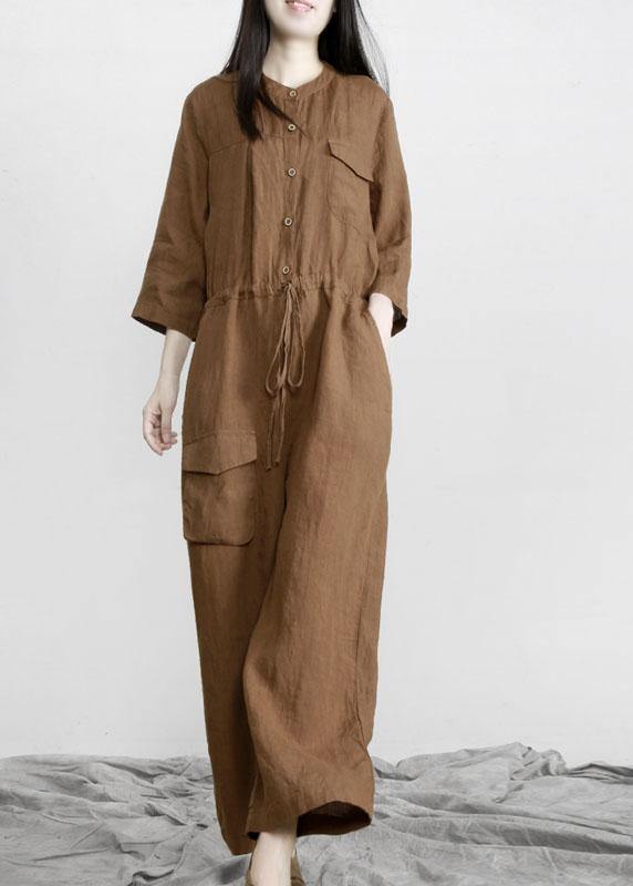 Fitted Tea Green Button Drawstring Fall Women Linen Jumpsuit Pants - Omychic