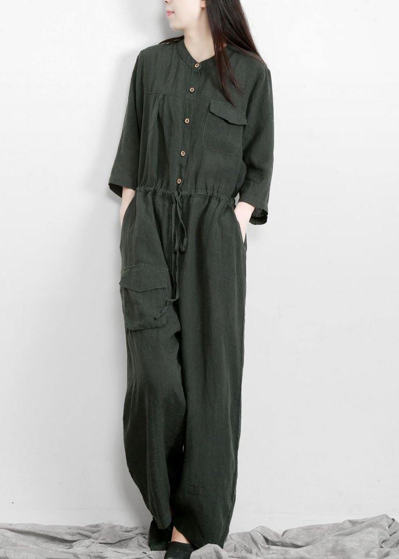 Fitted Tea Green Button Drawstring Fall Women Linen Jumpsuit Pants - Omychic