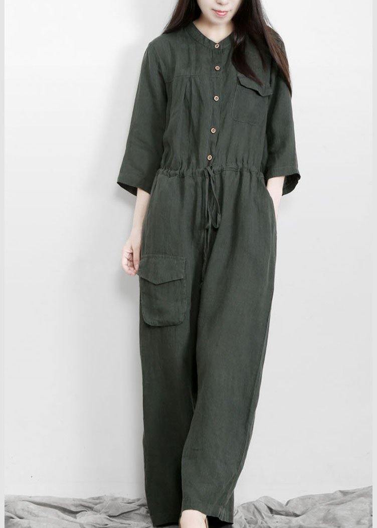 Fitted Tea Green Button Drawstring Fall Women Linen Jumpsuit Pants - Omychic