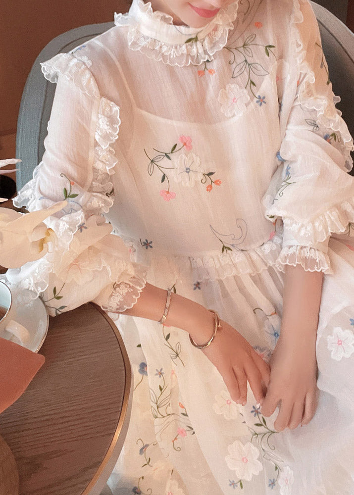 Fitted White Embroideried Floral Shirts And Maxi Skirts Two Pieces Set Spring