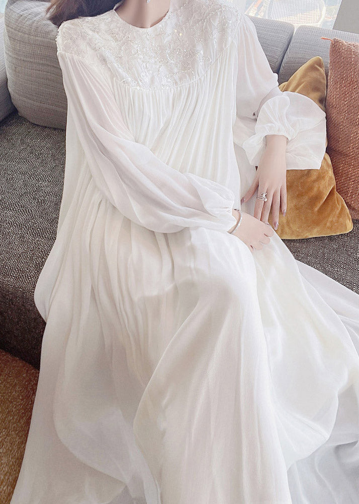 Fitted White O-Neck Embroideried Sequined Silk Maxi Dress Long Sleeve