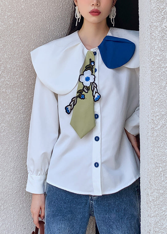 Fitted White Peter Pan Collar Embroideried Floral Button Satin Shirt Long Sleeve - Omychic