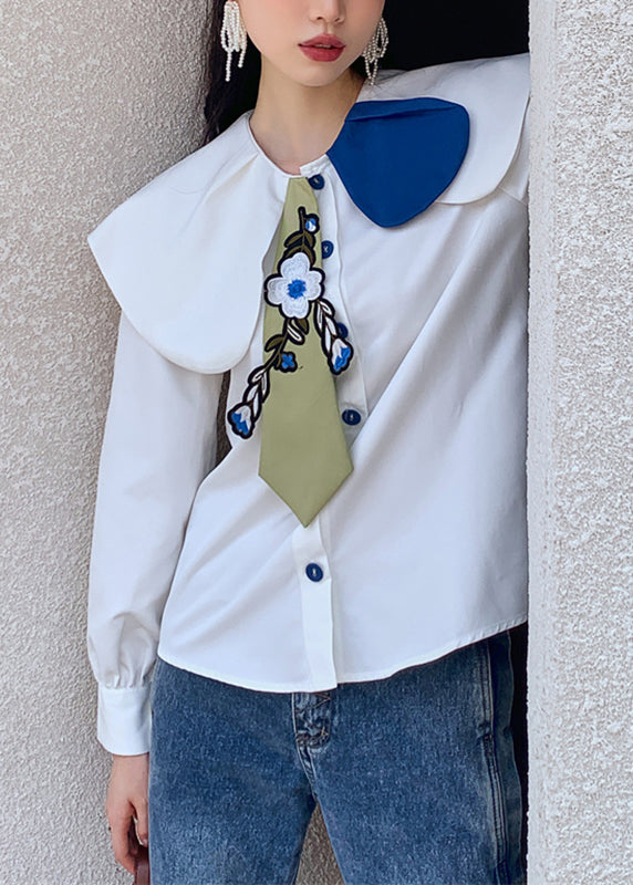 Fitted White Peter Pan Collar Embroideried Floral Button Satin Shirt Long Sleeve - Omychic