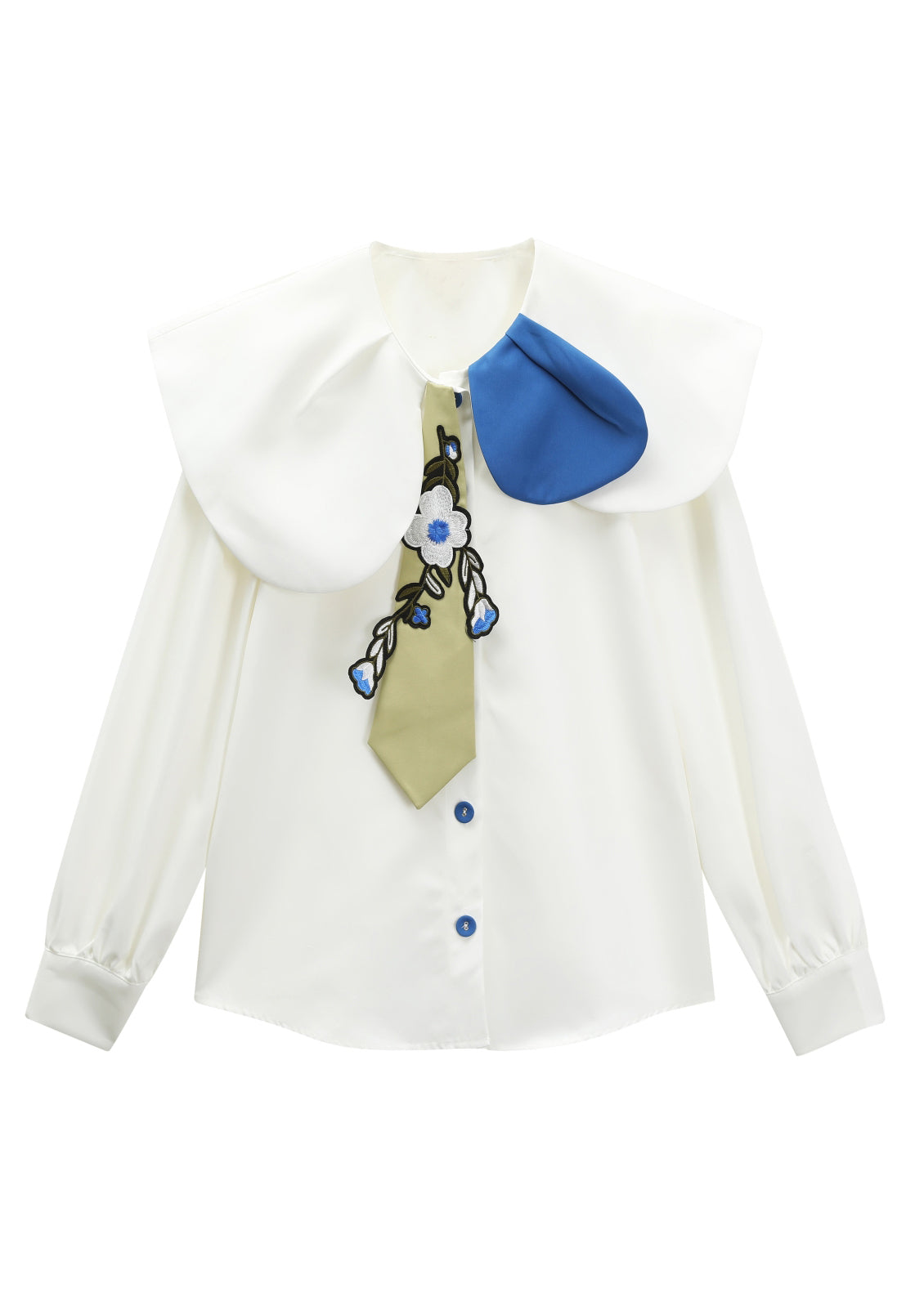 Fitted White Peter Pan Collar Embroideried Floral Button Satin Shirt Long Sleeve - Omychic