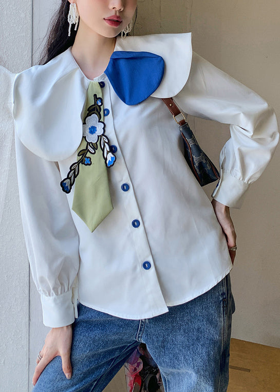 Fitted White Peter Pan Collar Embroideried Floral Button Satin Shirt Long Sleeve - Omychic
