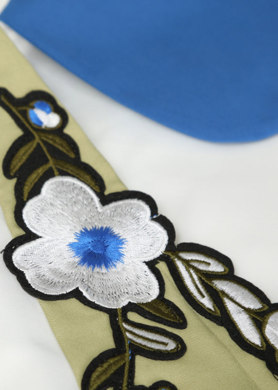 Fitted White Peter Pan Collar Embroideried Floral Button Satin Shirt Long Sleeve - Omychic