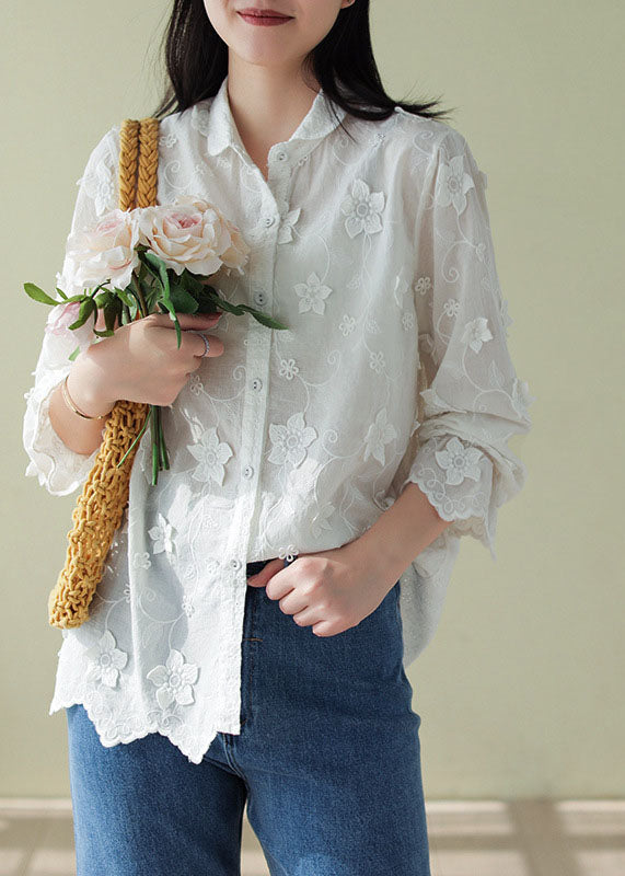 Fitted White Peter Pan Collar Floral Cotton Top Spring