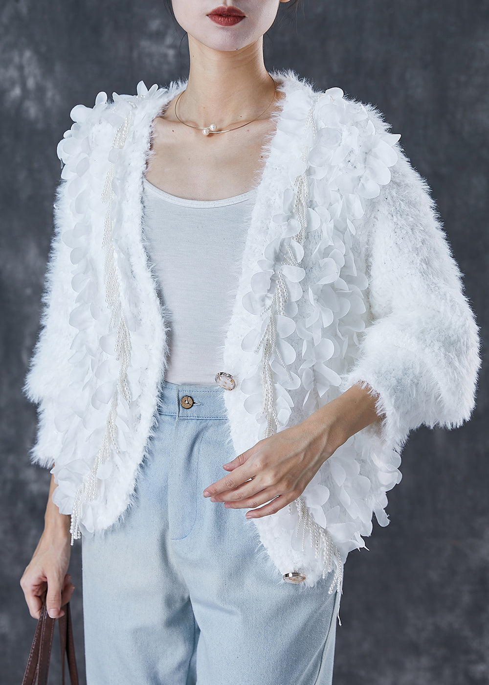 Fitted White Tasseled Nail Bead Knit Cardigan Spring
