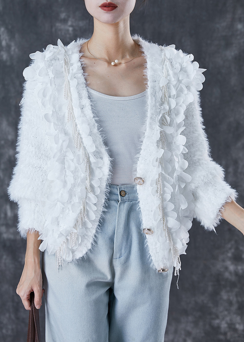 Fitted White Tasseled Nail Bead Knit Cardigan Spring