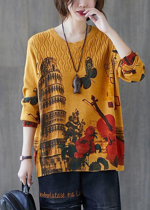 Fitted Yellow O-Neck Loose Print Fall Casual Knit Sweaters - Omychic