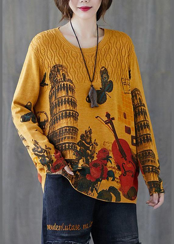 Fitted Yellow O-Neck Loose Print Fall Casual Knit Sweaters - Omychic