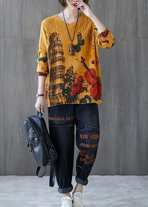 Fitted Yellow O-Neck Loose Print Fall Casual Knit Sweaters - Omychic