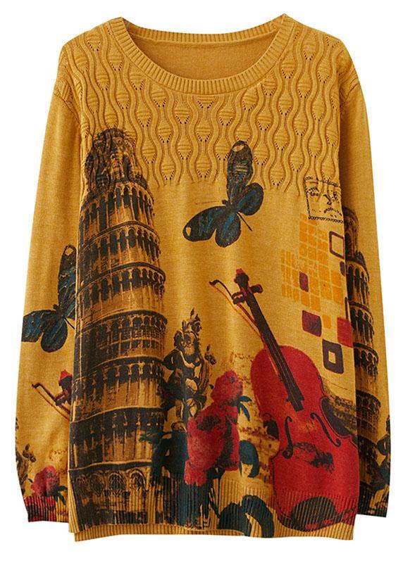 Fitted Yellow O-Neck Loose Print Fall Casual Knit Sweaters - Omychic