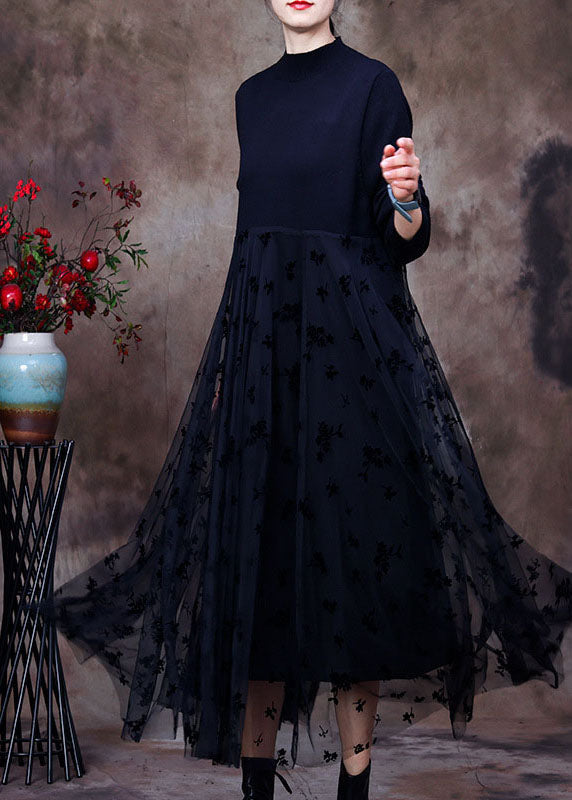 Fitted black O-Neck lace Patchwork Knit Vacation Dresses Spring