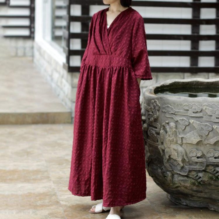 Unique Plus Size Flare Sleeve Plaid V-neck Lace Maxi Dress - Omychic