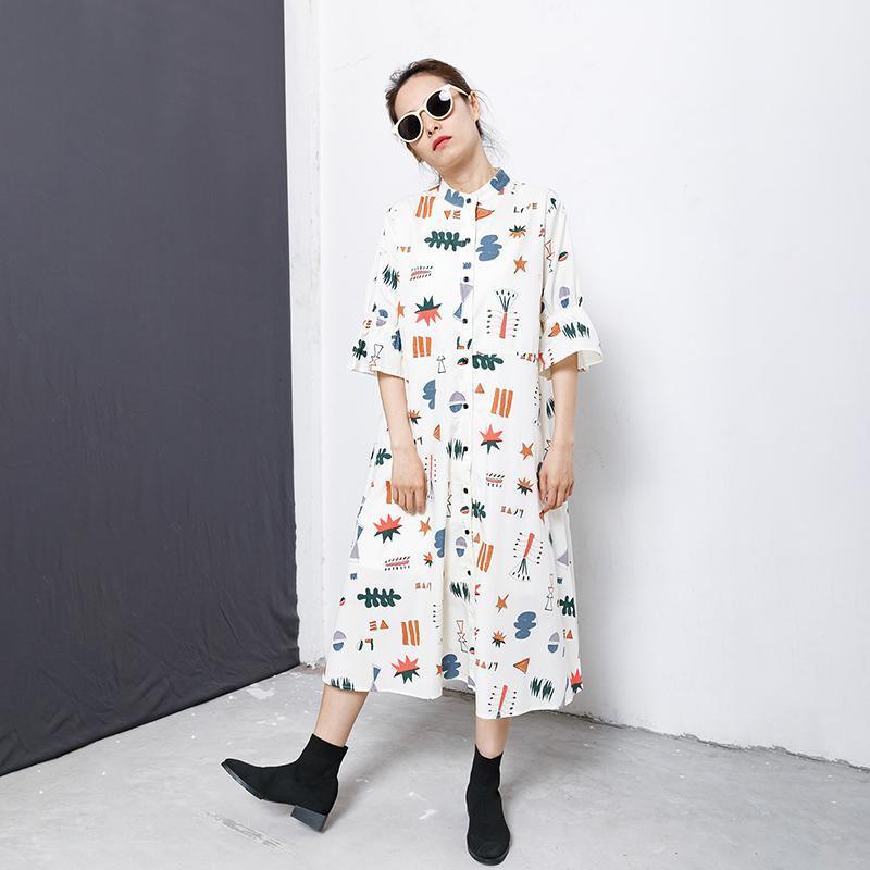 Flare Sleeve Printed Casual Loose Shirt Dress - Omychic