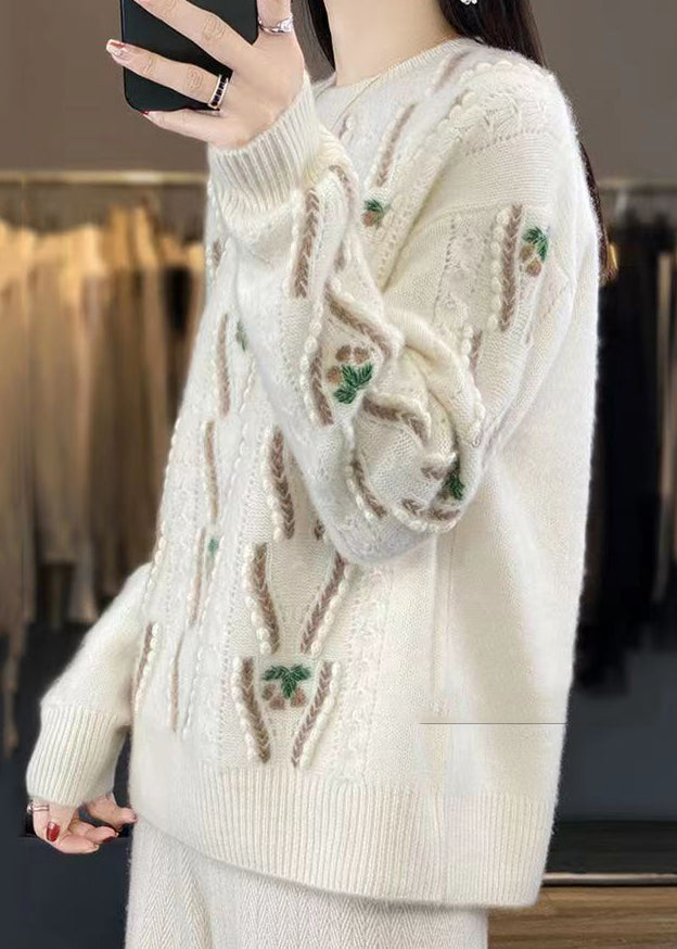 Floral Beige O Neck Hollow Out Cozy Wool Sweaters Spring