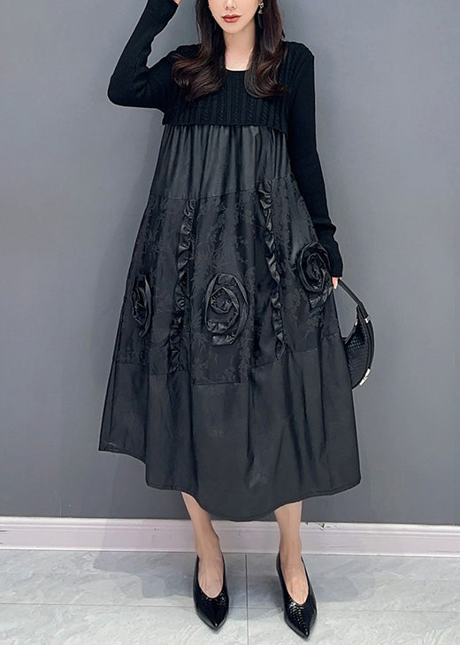 Floral Black Ruffled Knit Patchwork Faux Leather Dress Fall