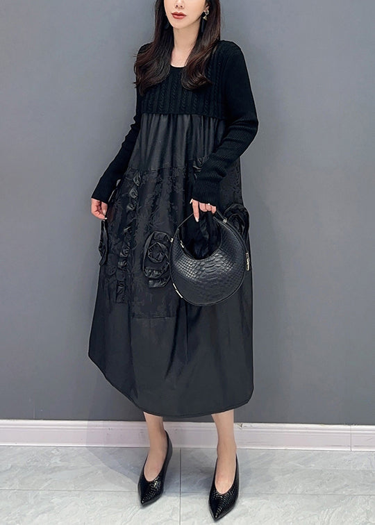 Floral Black Ruffled Knit Patchwork Faux Leather Dress Fall