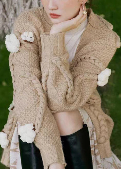 Floral Khaki V Neck Patchwork Cable Knit Cardigan Fall