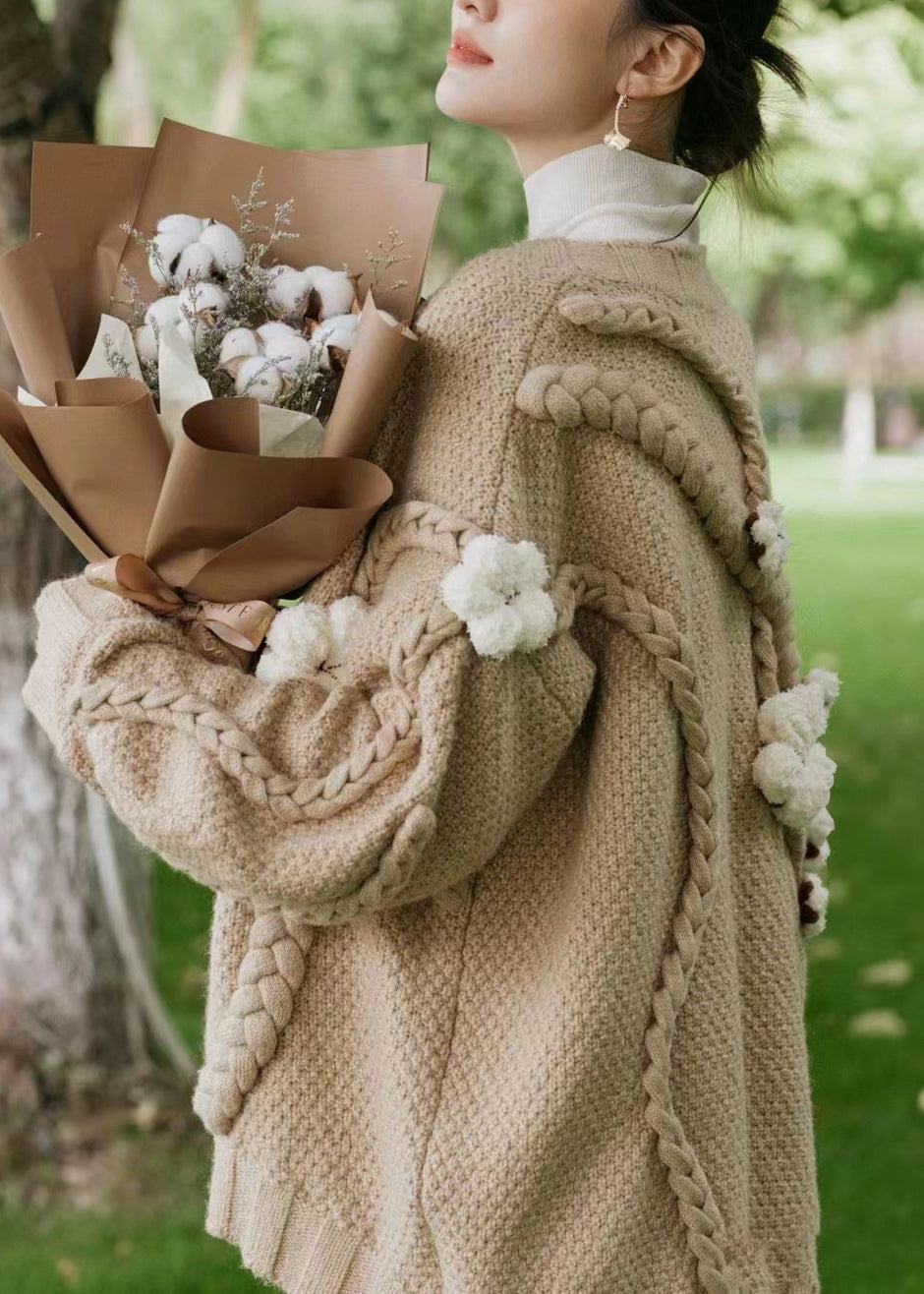 Floral Khaki V Neck Patchwork Cable Knit Cardigan Fall