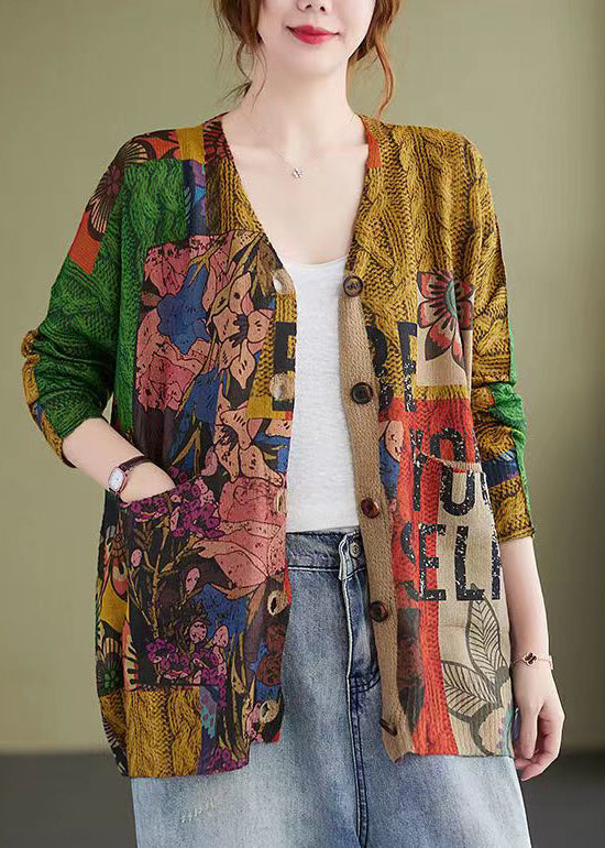Floral Print Patchwork Cotton Knit Coat V Neck Long Sleeve - Omychic
