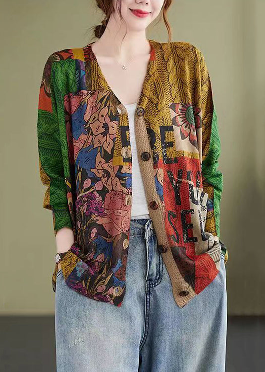 Floral Print Patchwork Cotton Knit Coat V Neck Long Sleeve - Omychic