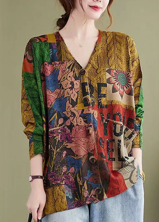 Floral Print Patchwork Cotton Knit Coat V Neck Long Sleeve - Omychic