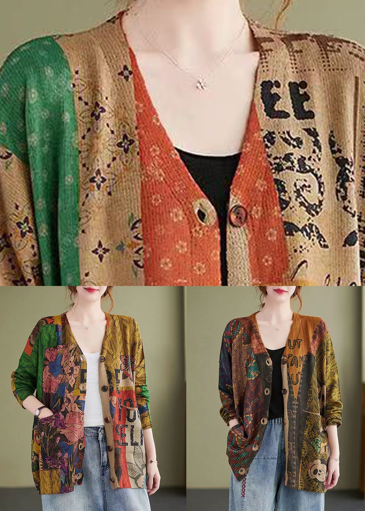Floral Print Patchwork Cotton Knit Coat V Neck Long Sleeve - Omychic