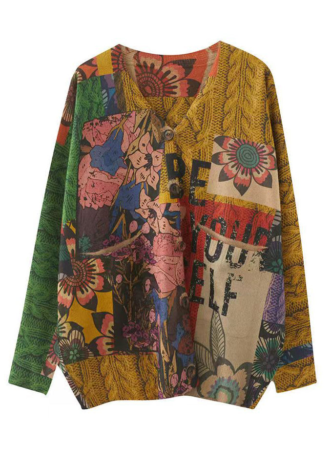 Floral Print Patchwork Cotton Knit Coat V Neck Long Sleeve - Omychic