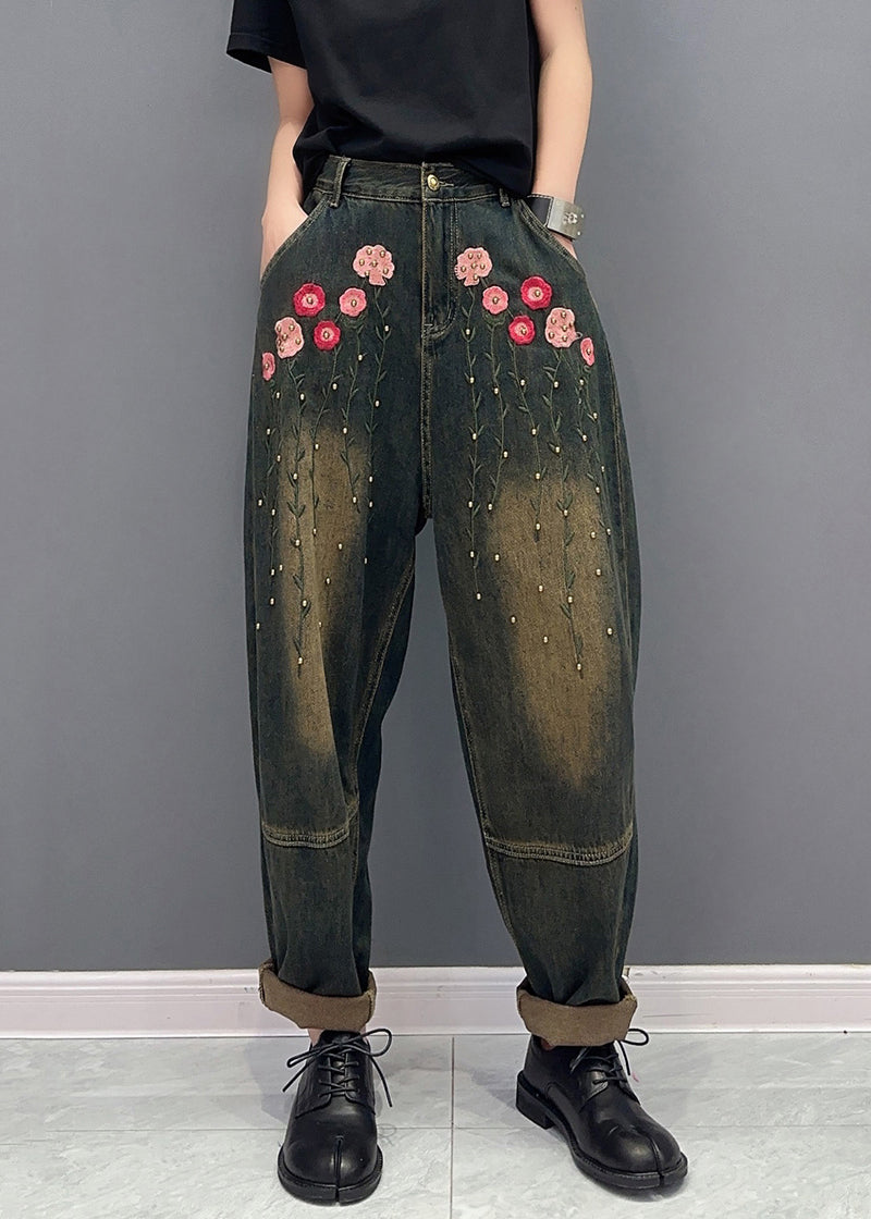 Floral Rivet Patchwork Denim Pockets Harem Pants Fall