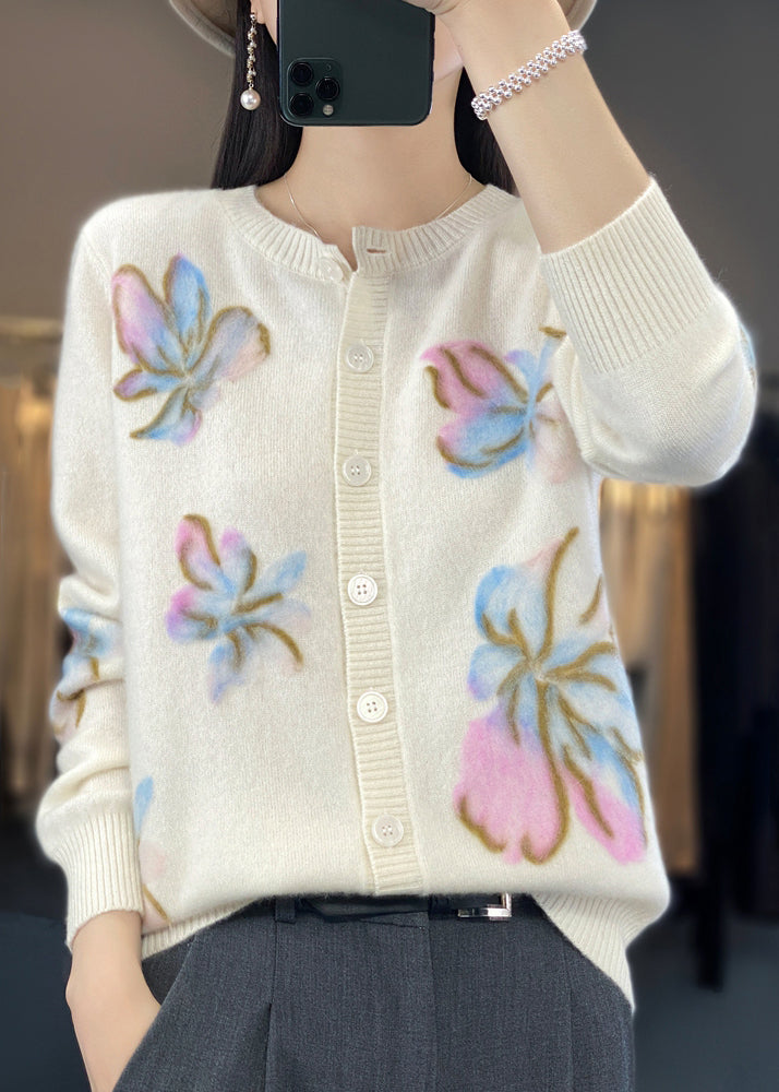 Floral White O Neck Button Cotton Knit Coat Spring