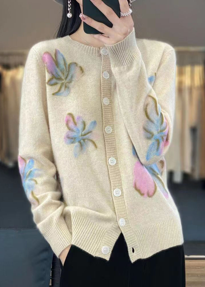 Floral White O Neck Button Cotton Knit Coat Spring