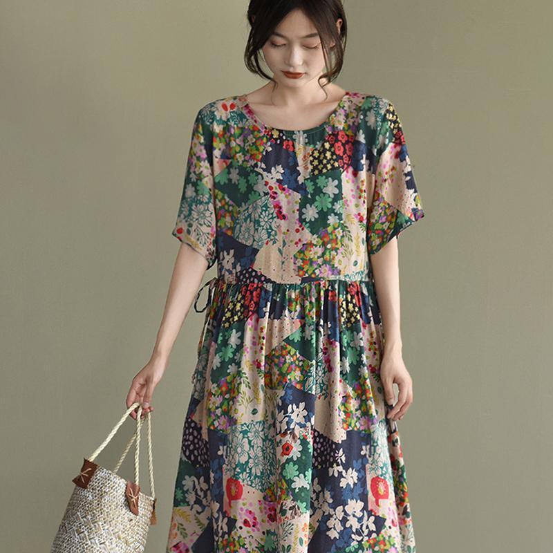 2021 Floral Prints Short Sleeve Summer Loose Dress - Omychic