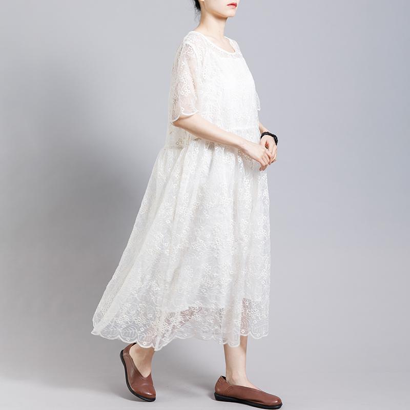 Floral Embroidery Transparent Dress With Lining - Omychic